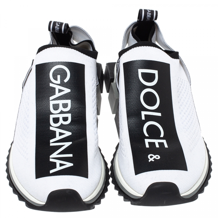 Pre Owned Dolce & Gabbana White/Black Stretch Fabric Logo Sorrento Slip On Sneakers Size 42
