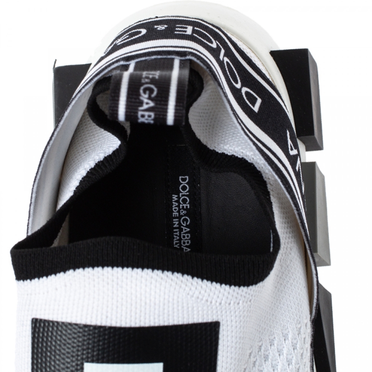 Pre Owned Dolce & Gabbana White/Black Stretch Fabric Logo Sorrento Slip On Sneakers Size 42
