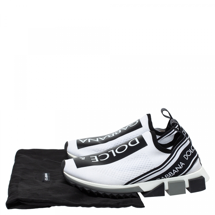 Pre Owned Dolce & Gabbana White/Black Stretch Fabric Logo Sorrento Slip On Sneakers Size 42