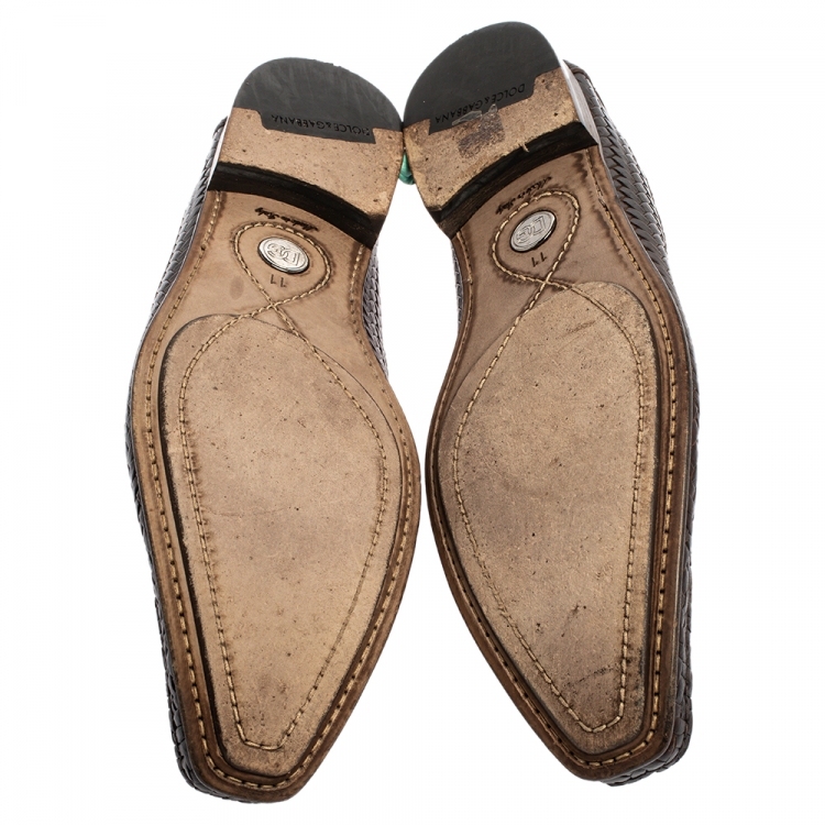 Pre Owned Dolce and Gabbana Brown Woven Leather Slip On Loafers Size 45