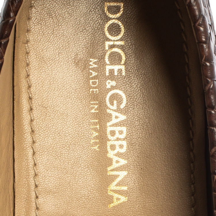 Pre Owned Dolce and Gabbana Brown Woven Leather Slip On Loafers Size 45