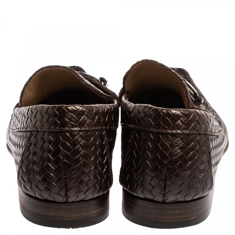 Pre Owned Dolce and Gabbana Brown Woven Leather Slip On Loafers Size 45