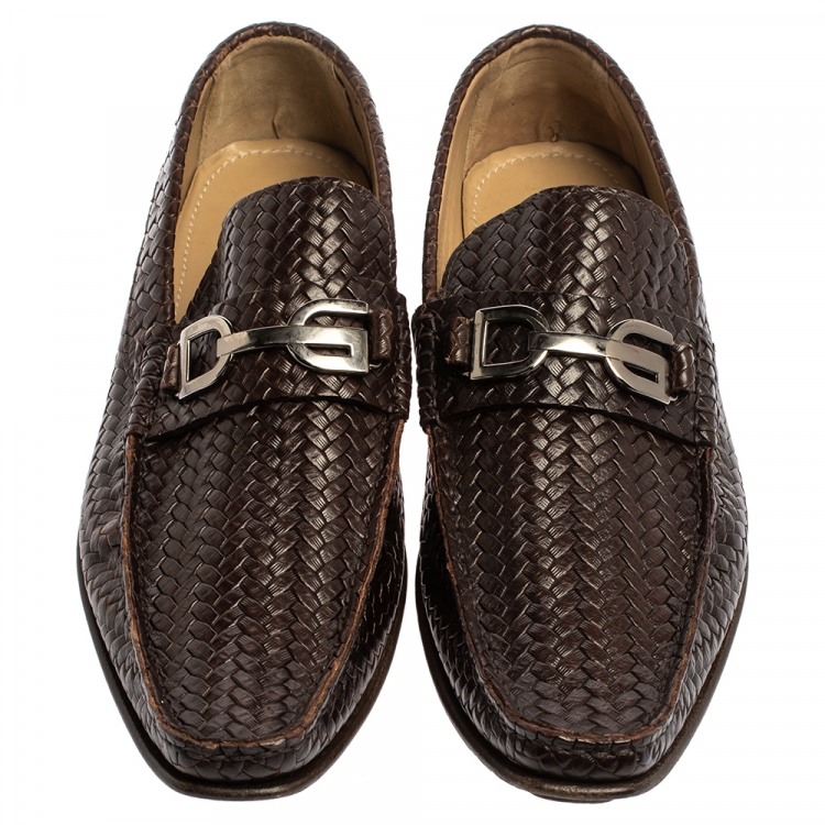 Pre Owned Dolce and Gabbana Brown Woven Leather Slip On Loafers Size 45