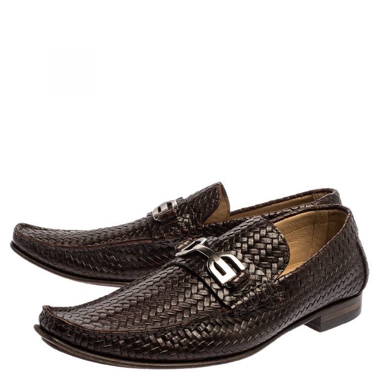 Pre Owned Dolce and Gabbana Brown Woven Leather Slip On Loafers Size 45