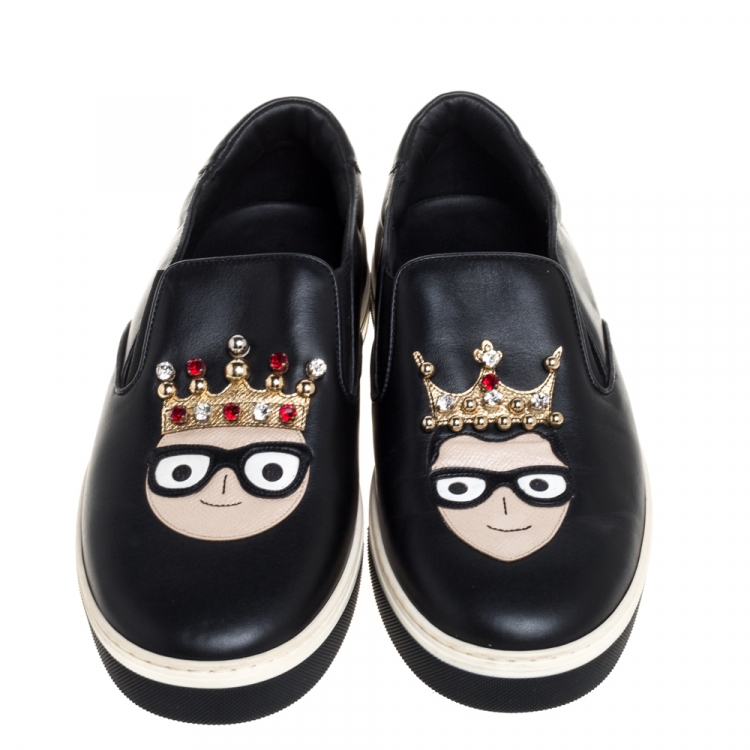Pre Owned Dolce & Gabbana Black Leather Family Slip On Sneakers Size 40