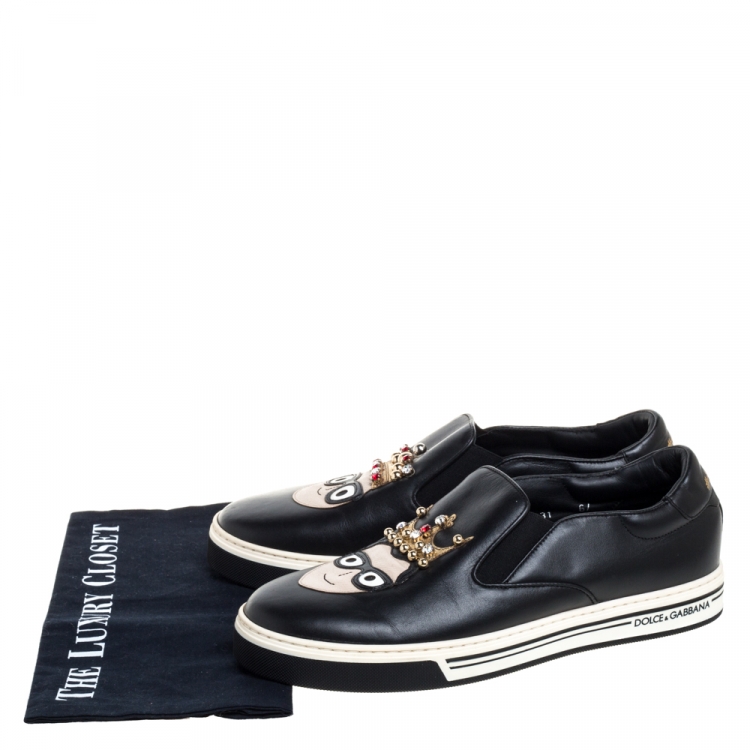 Pre Owned Dolce & Gabbana Black Leather Family Slip On Sneakers Size 40