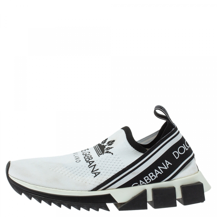 مملوكة مسبقًا Dolce & Gabbana White/Black Stretch Fabric Logo Sorrento Slip On Sneakers Size 40.5