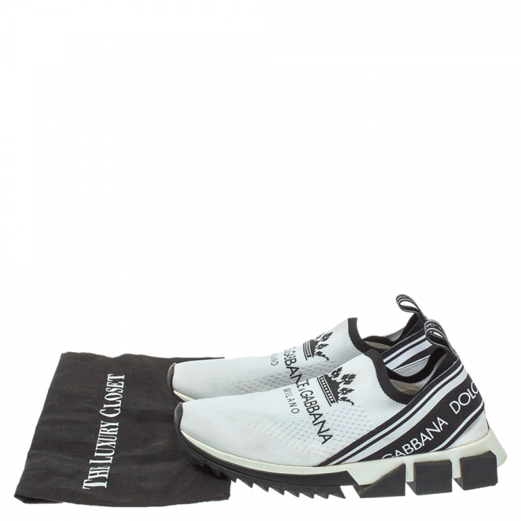 مملوكة مسبقًا Dolce & Gabbana White/Black Stretch Fabric Logo Sorrento Slip On Sneakers Size 40.5