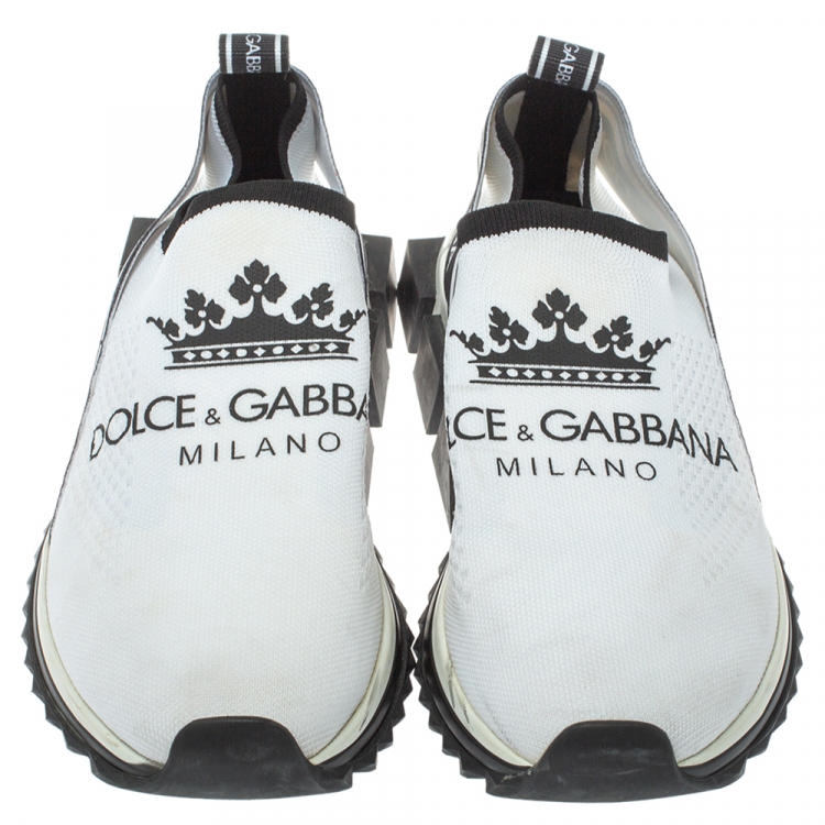 مملوكة مسبقًا Dolce & Gabbana White/Black Stretch Fabric Logo Sorrento Slip On Sneakers Size 40.5