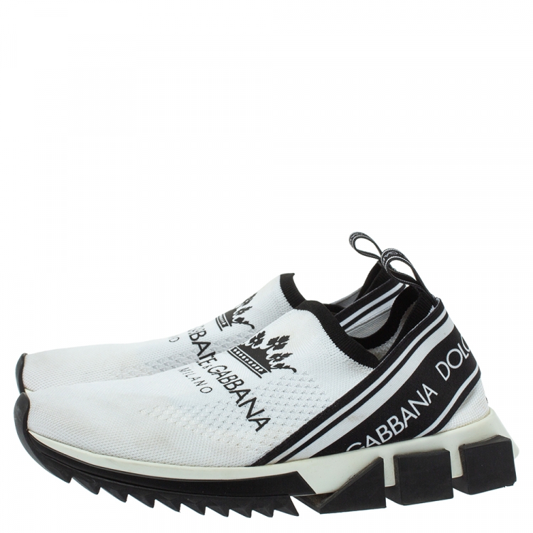 مملوكة مسبقًا Dolce & Gabbana White/Black Stretch Fabric Logo Sorrento Slip On Sneakers Size 40.5