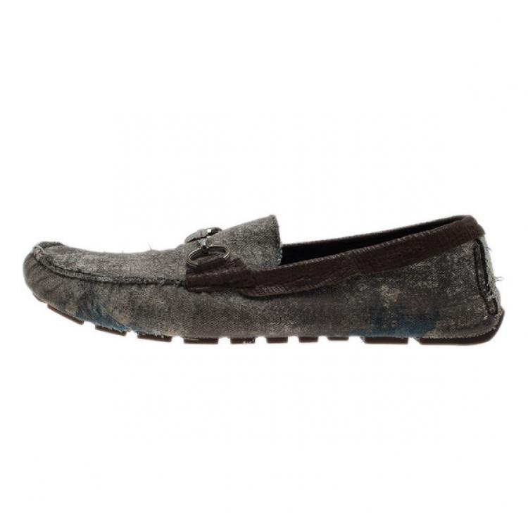 Pre Owned Dolce and Gabbana Grey and Brown Canvas Horsebit Loafers Size 42