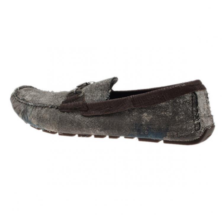 Pre Owned Dolce and Gabbana Grey and Brown Canvas Horsebit Loafers Size 42