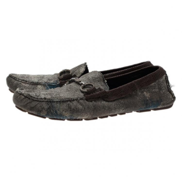Pre Owned Dolce and Gabbana Grey and Brown Canvas Horsebit Loafers Size 42