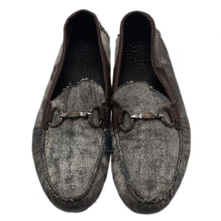 Pre Owned Dolce and Gabbana Grey and Brown Canvas Horsebit Loafers Size 42