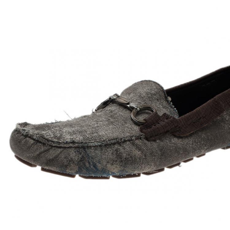 Pre Owned Dolce and Gabbana Grey and Brown Canvas Horsebit Loafers Size 42