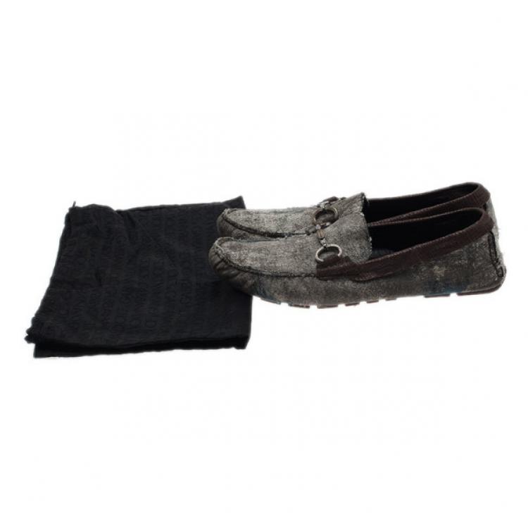 Pre Owned Dolce and Gabbana Grey and Brown Canvas Horsebit Loafers Size 42