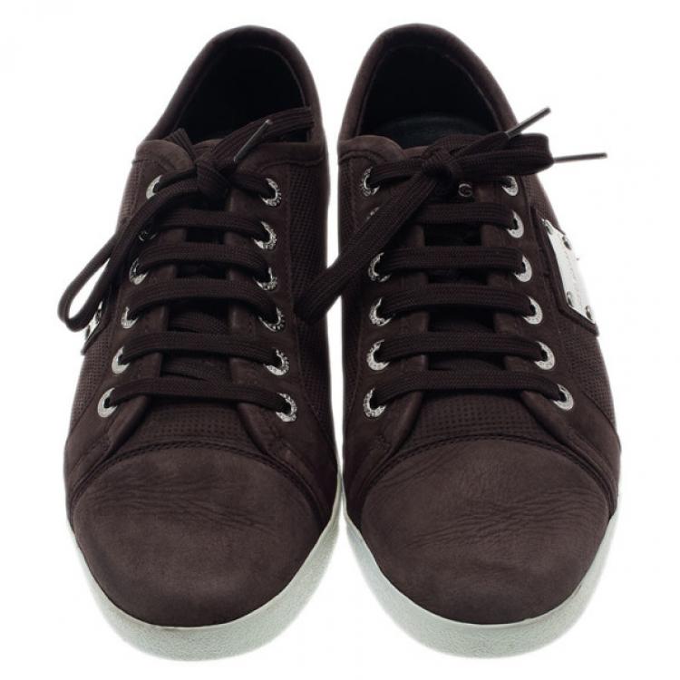 Pre Owned Dolce and Gabbana Brown Leather Logo Plaque Sneakers Size 42
