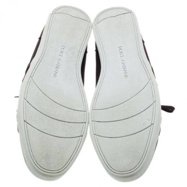 Pre Owned Dolce and Gabbana Brown Leather Logo Plaque Sneakers Size 42