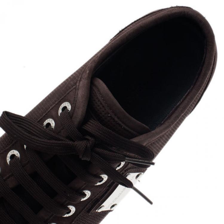 Pre Owned Dolce and Gabbana Brown Leather Logo Plaque Sneakers Size 42