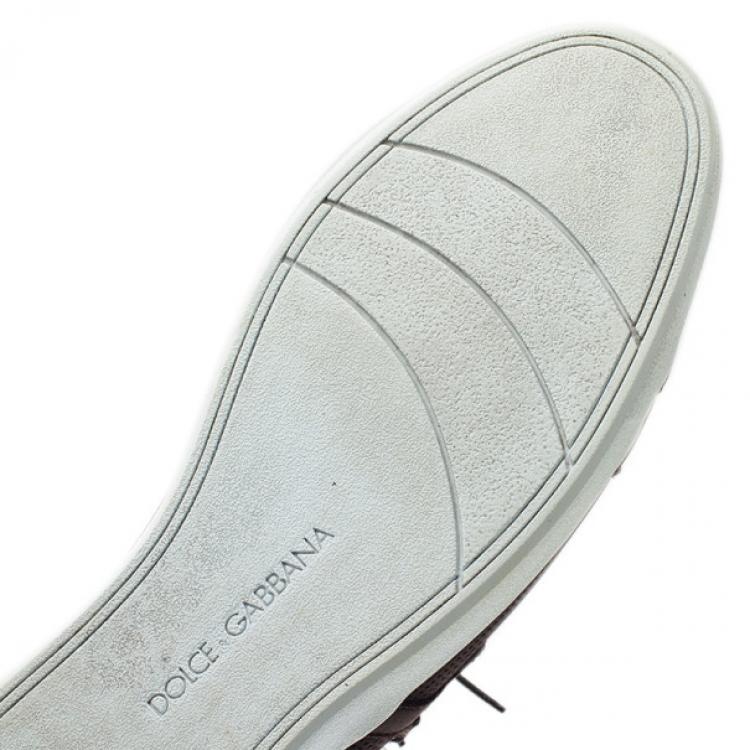 Pre Owned Dolce and Gabbana Brown Leather Logo Plaque Sneakers Size 42