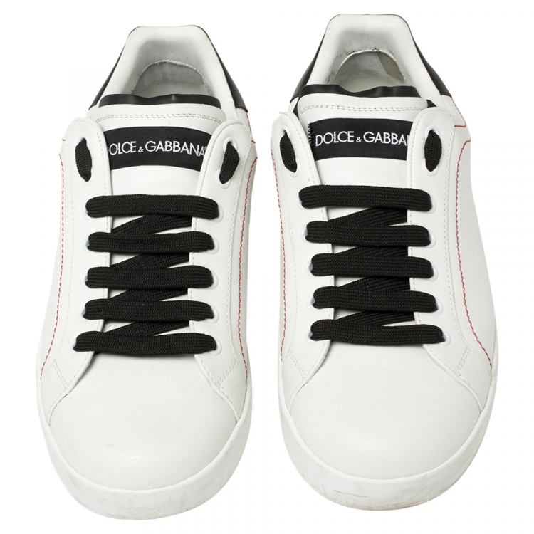 مملوكة مسبقًا Dolce and Gabbana White/Black Leather Portofino Lace-Up Sneakers Size 41