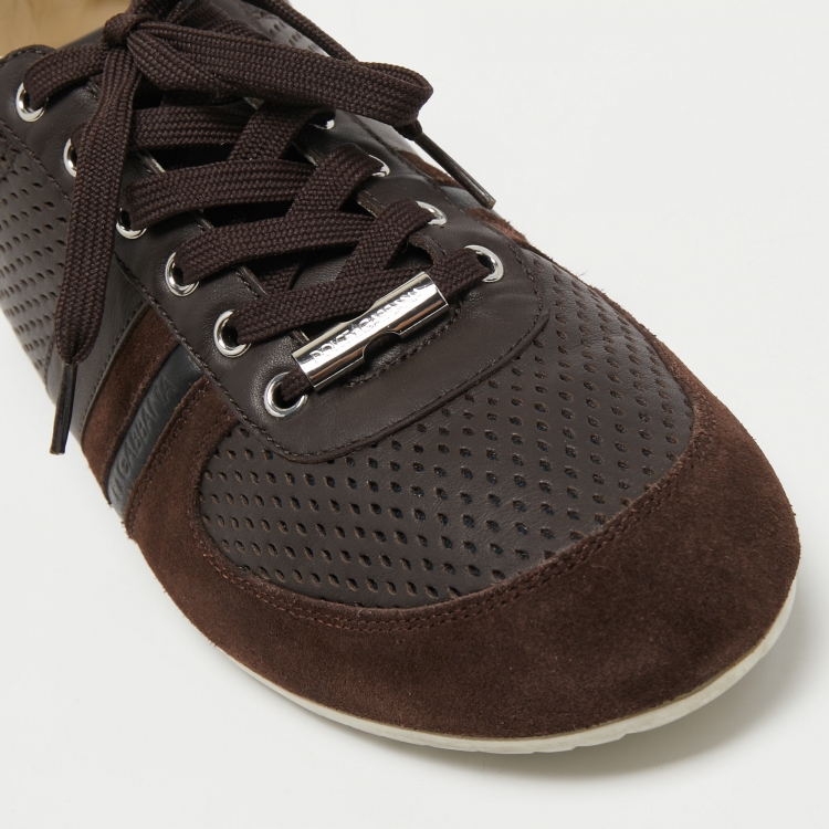Pre Owned Dolce & Gabbana Brown Suede and Perforated Leather Low Top Sneakers Size 43
