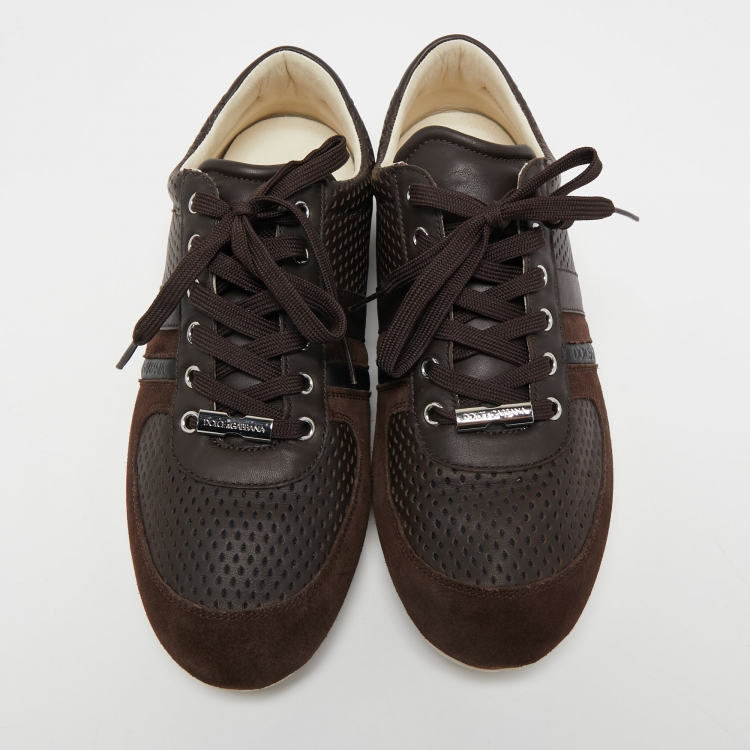 Pre Owned Dolce & Gabbana Brown Suede and Perforated Leather Low Top Sneakers Size 43