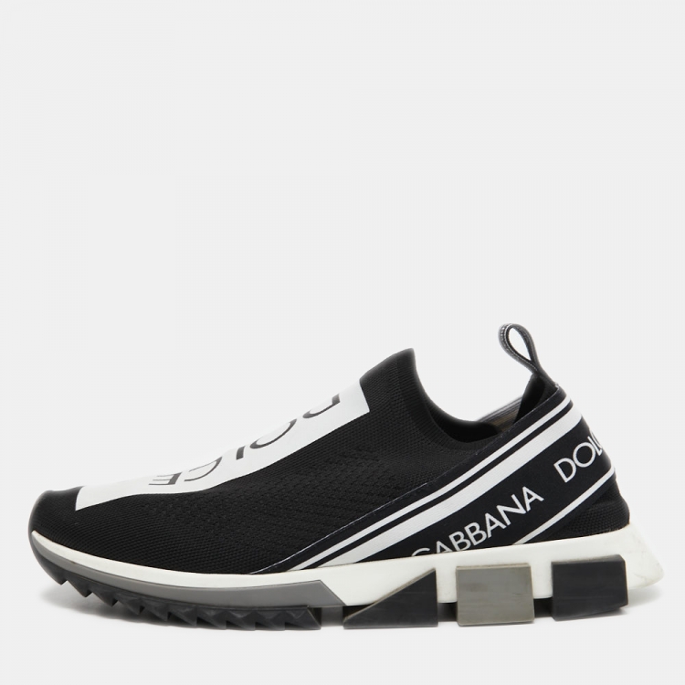 Pre Owned Dolce & Gabbana Black/White Logo Print Knit Fabric Sorrento Sneakers Size 44