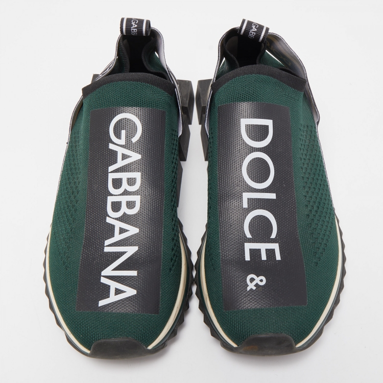 Pre Owned Dolce & Gabbana Dark Green Knit Fabric Logo Sorrento Slip On Sneakers Size 42