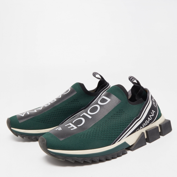 Pre Owned Dolce & Gabbana Dark Green Knit Fabric Logo Sorrento Slip On Sneakers Size 42