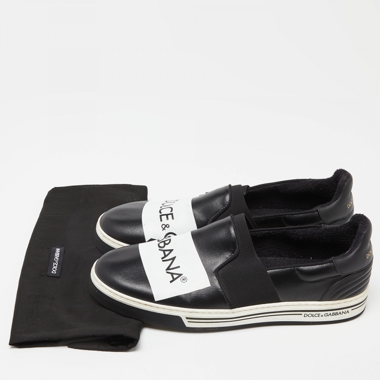 Pre Owned Dolce & Gabbana Black Printed Logo Coated Canvas and Leather Slip On Sneakers Size 44