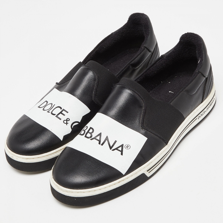 Pre Owned Dolce & Gabbana Black Printed Logo Coated Canvas and Leather Slip On Sneakers Size 44
