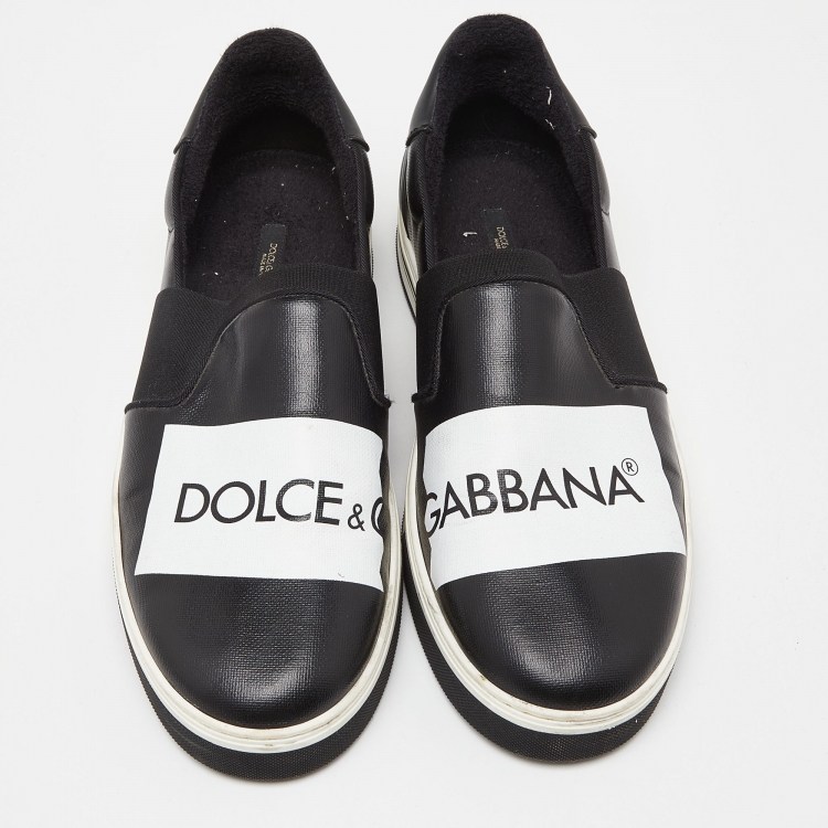 Pre Owned Dolce & Gabbana Black Printed Logo Coated Canvas and Leather Slip On Sneakers Size 44
