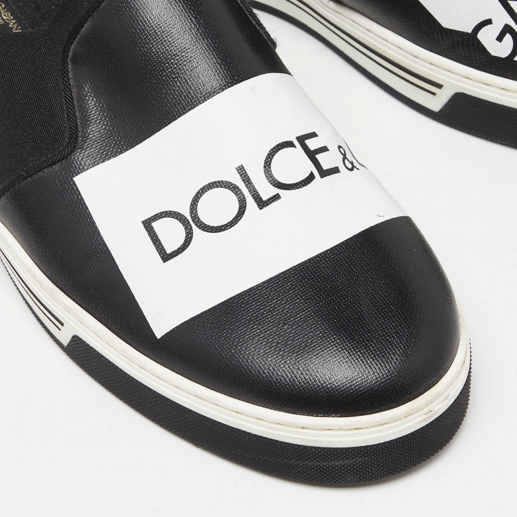 Pre Owned Dolce & Gabbana Black Printed Logo Coated Canvas and Leather Slip On Sneakers Size 44
