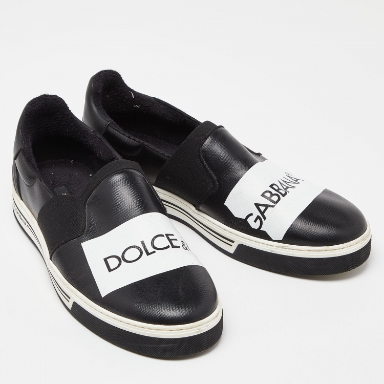 Pre Owned Dolce & Gabbana Black Printed Logo Coated Canvas and Leather Slip On Sneakers Size 44