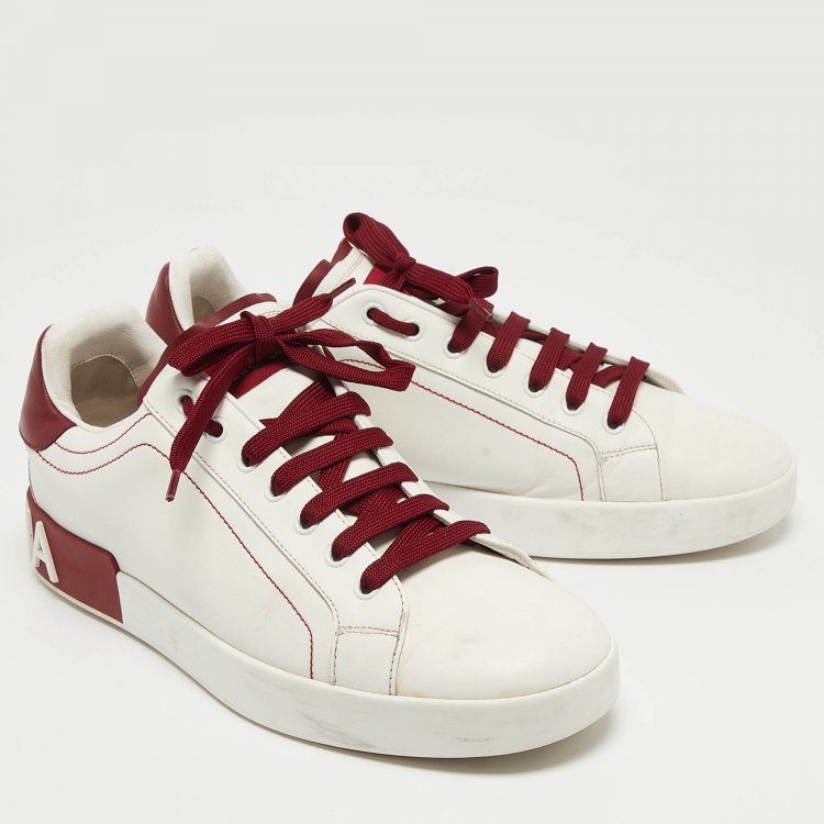 Pre Owned Dolce & Gabbana White/Burgundy Leather Portifino Sneakers Size 44 