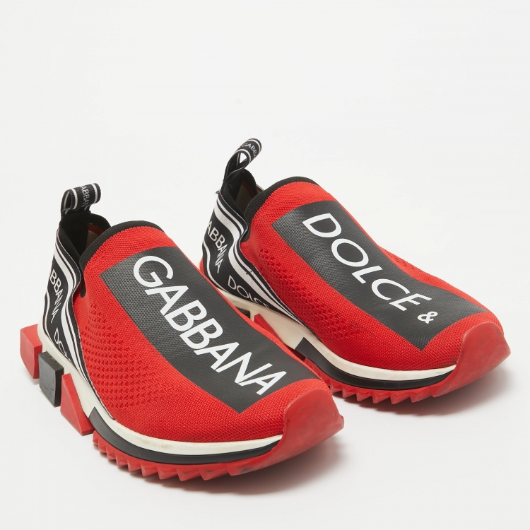 Pre Owned Dolce & Gabbana Red/Black Knit Fabric Sorrento Sneakers Size 43