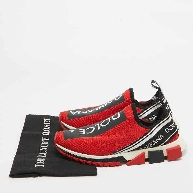Pre Owned Dolce & Gabbana Red/Black Knit Fabric Sorrento Sneakers Size 43