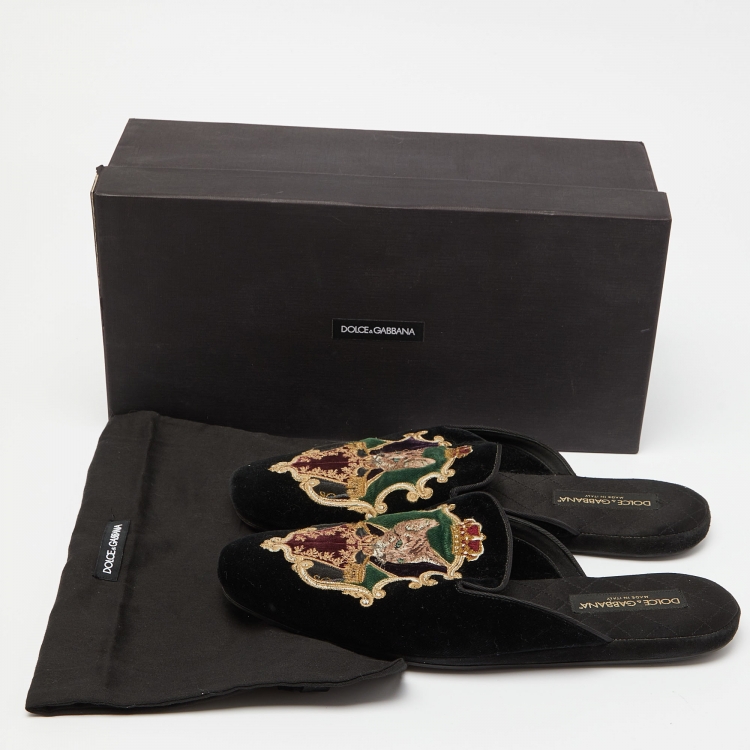 Pre Owned Dolce & Gabbana Black Velvet Embroidered Flat Mules Size 43