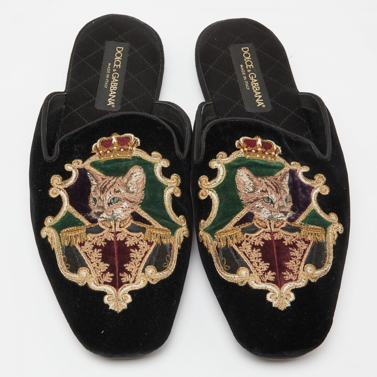Pre Owned Dolce & Gabbana Black Velvet Embroidered Flat Mules Size 43
