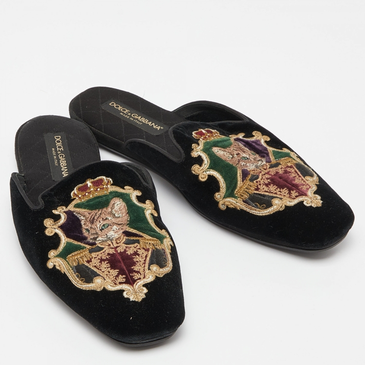 Pre Owned Dolce & Gabbana Black Velvet Embroidered Flat Mules Size 43