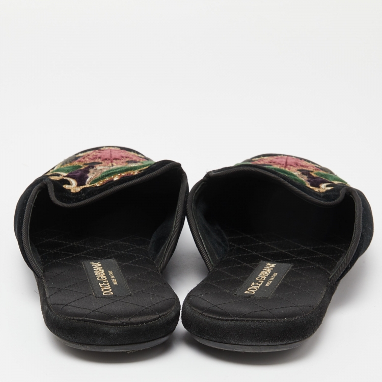 Pre Owned Dolce & Gabbana Black Velvet Embroidered Flat Mules Size 43