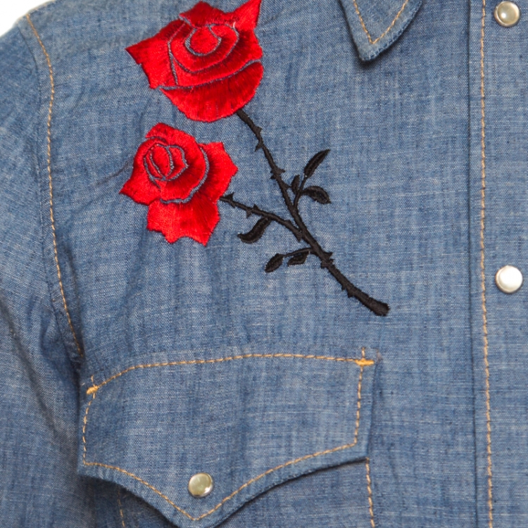 Pre Owned Dsquared2 Indigo Chambray Embroidered Rose Detail Slim Fit Shirt  L