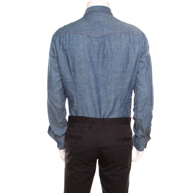 Pre Owned Dsquared2 Indigo Chambray Embroidered Rose Detail Slim Fit Shirt  L