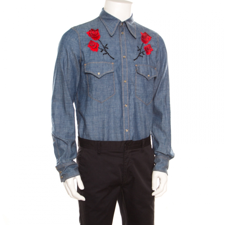 Pre Owned Dsquared2 Indigo Chambray Embroidered Rose Detail Slim Fit Shirt  L