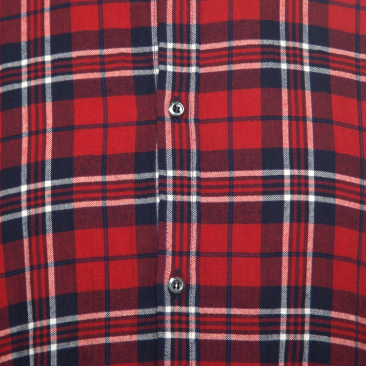 Pre Owned Dsquared2 Red and Blue Plaid Check Cotton Herringbone Weave Relaxed Dan Shirt L
