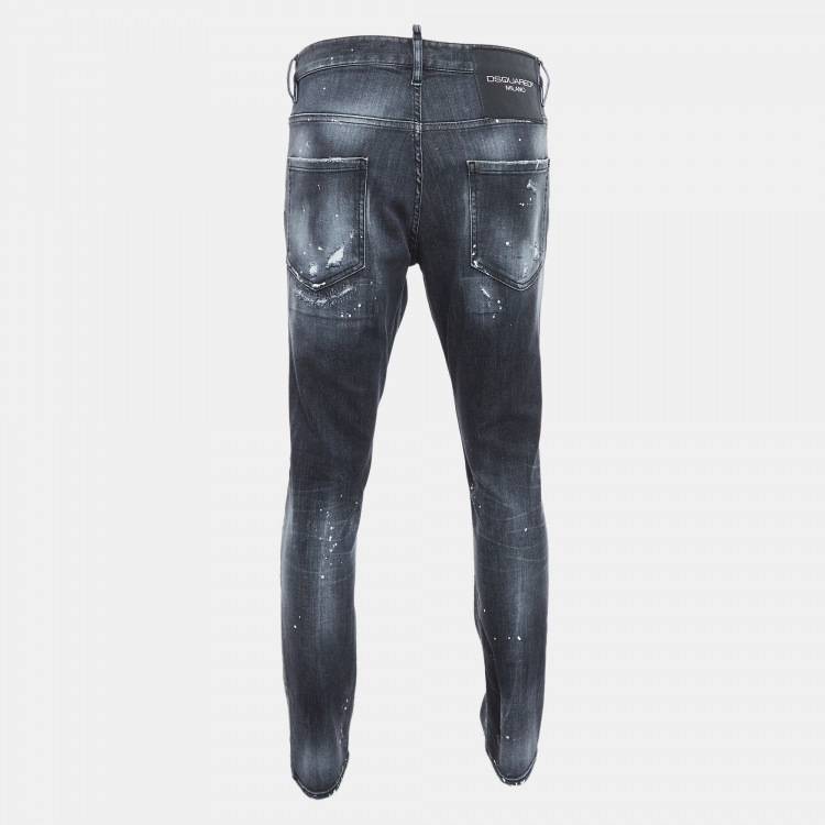 Pre Owned Dsquared2 Grey Printed & Distressed Denim Skater Jeans XL Waist 38"