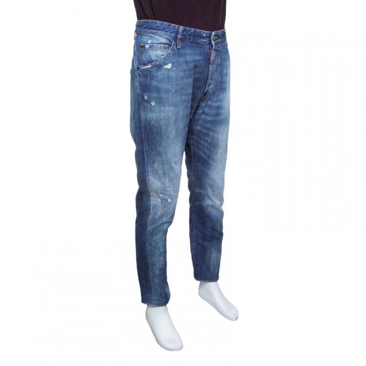 مملوكة مسبقًا Dsquared2 Indigo Faded Effect Splattered Distressed Denim Jeans XXL