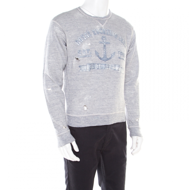Pre Owned Dsquared2 Grey Cotton Melange Crew Neck Distressed Sweatshirt S