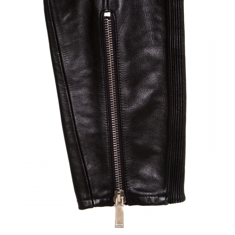 Pre Owned Dsquared2 Black Calf Leather Ribbed Panel Detail Tapered Trousers L